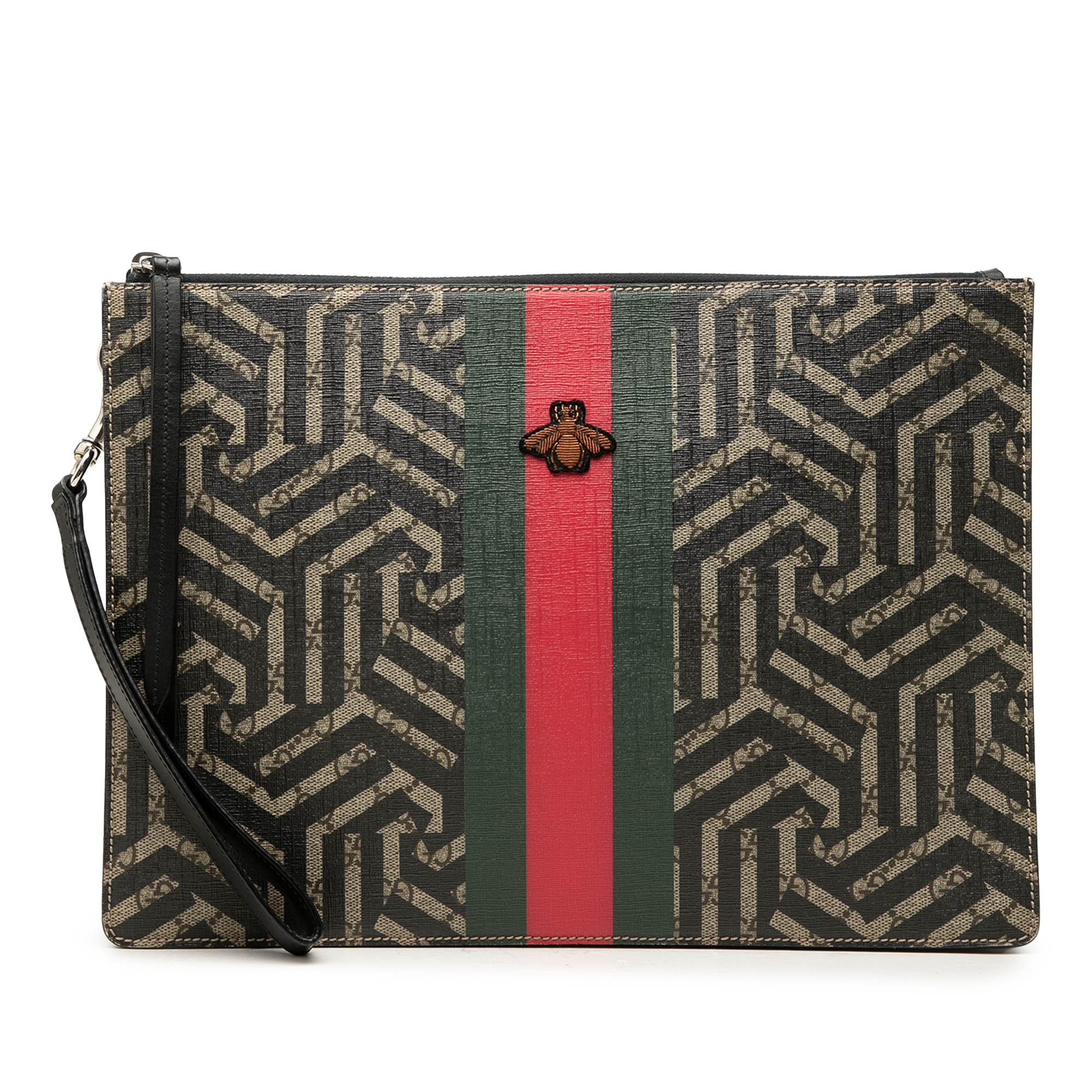 Pre-Loved Gucci GG Supreme Caleido Web Bee Clutch, Beige