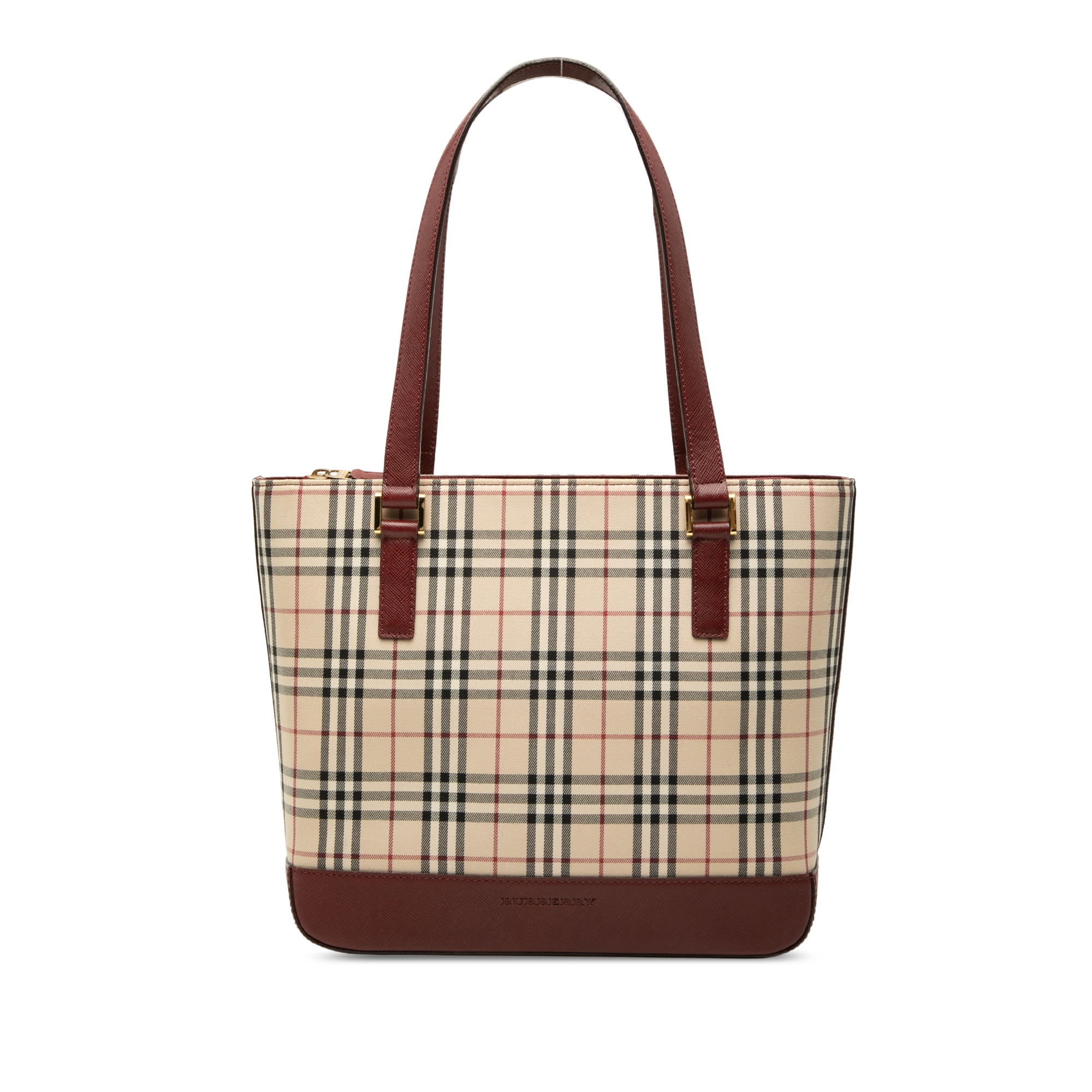 Pre-Loved Burberry House Check Canvas Tote, Beige with Burgundy Trim