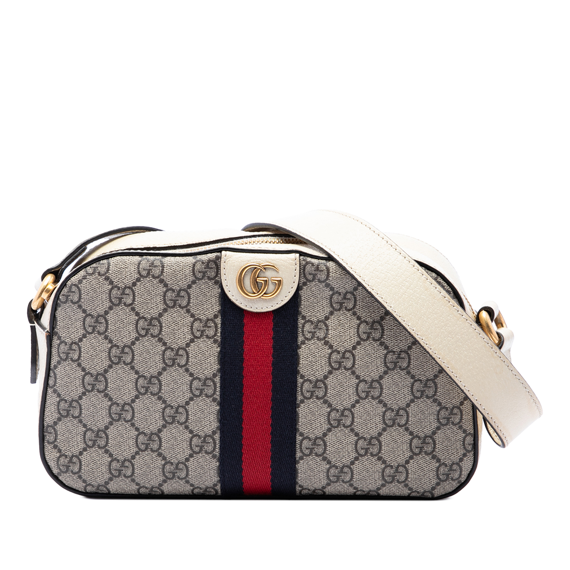Pre-Loved Gucci Small GG Supreme Textured Calfskin Web Ophidia Camera Bag, Beige